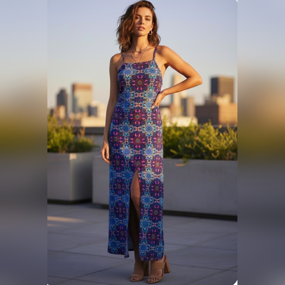 RD Style | Boho Mandala Print Halter Maxi Dress - Made in Canada-size M